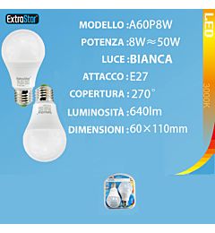 LAMPADINA LED E27 8W 640LM 3000K  2PZExtrastar
