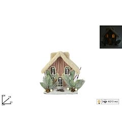 CASETTA C/PELLICCIA PIGNE BACCHE ROSA C/LUCI BATT