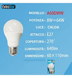 LAMPADINA LED E27 8W 640LM LUCE CALDAExtrastar
