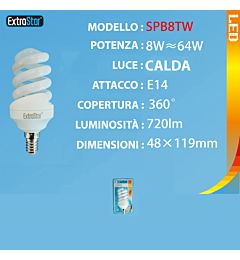 LAMPADINA LED SPIRALE OPACA E14 8W 720LM 3000KExtrastar