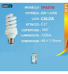 LAMPADINA LED SPIRALE OPACA E27 8W 720LM 3000KExtrastar