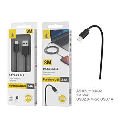 AS109 NE CAVO DATI PER MICRO USB, 2.4A 3M, NERO