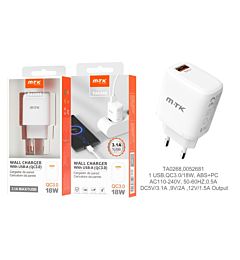 MTK CARICATORE RAPIDO USB A MURO QC 3.0, BIANCOMTK