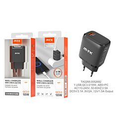 MTK CARICATORE RAPIDO USB A MURO QC 3.0, NEROMTK