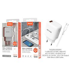 MTK CARICATORE RAPIDO USB A MURO QC 3.0, BIANCOMTK