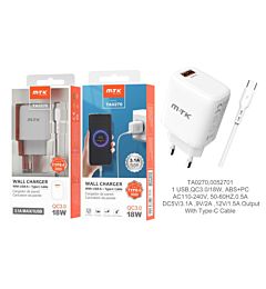 MTK CARICATORE RAPIDO USB A MURO QC 3.0, BIANCOMTK