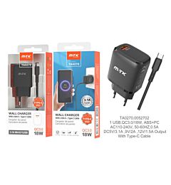 MTK CARICATORE RAPIDO USB A MURO QC 3.0, NEROMTK