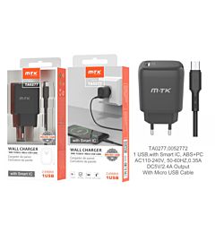 MTK CARICATORE USB A MURO CON USB 2.4A, NEROMTK