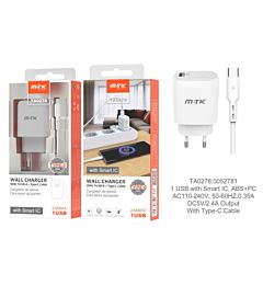 MTK CARICATORE USB A MURO CON USB 2.4A, BIANCOMTK
