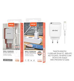 MTK CARICATORE USB A MURO CON USB 2.4A, BIANCOMTK