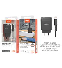 MTK CARICATORE USB A MURO CON USB 2.4A, NEROMTK