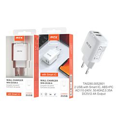MTK CARICATORE USB A MURO CON 2 USB 2.4A, BIANCOMTK