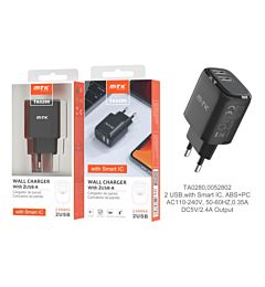 MTK CARICATORE USB A MURO CON 2 USB 2.4A, NEROMTK