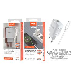 MTK CARICATORE USB A MURO CON 2 USB 2.4A, BIANCOMTK