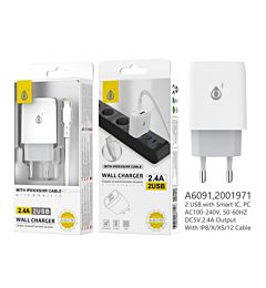 ONEPLUS CARICATORE USB A MURO CON 2 USB 2.4A, BIANCOOne Plus