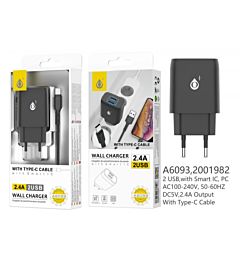 ONEPLUS CARICATORE USB A MURO CON 2 USB 2.4A, NERO