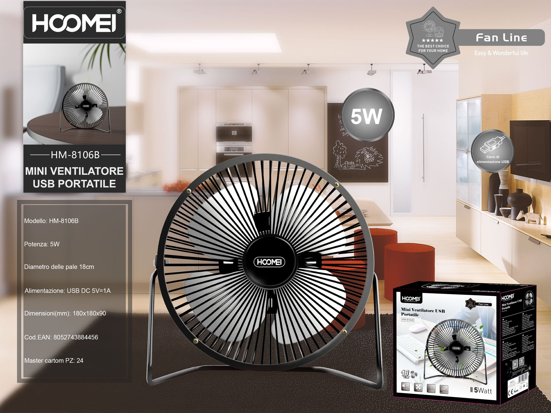 MINI VENTILATORE A USB 3W HM-8106B (4456)Hoomei