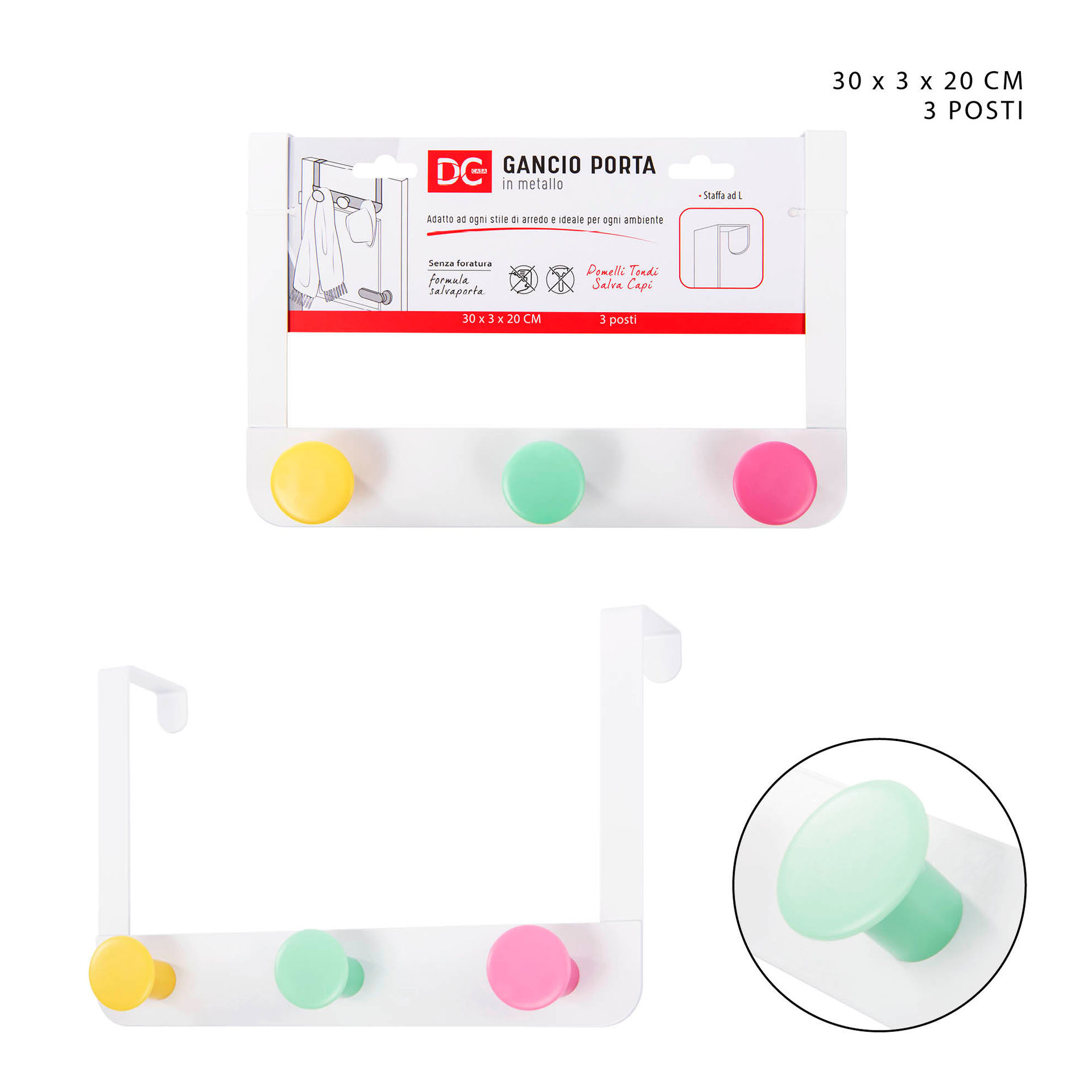 DC CASA GANCIO PORTA MET. 3POSTI 30X3X20CM BIANCODc