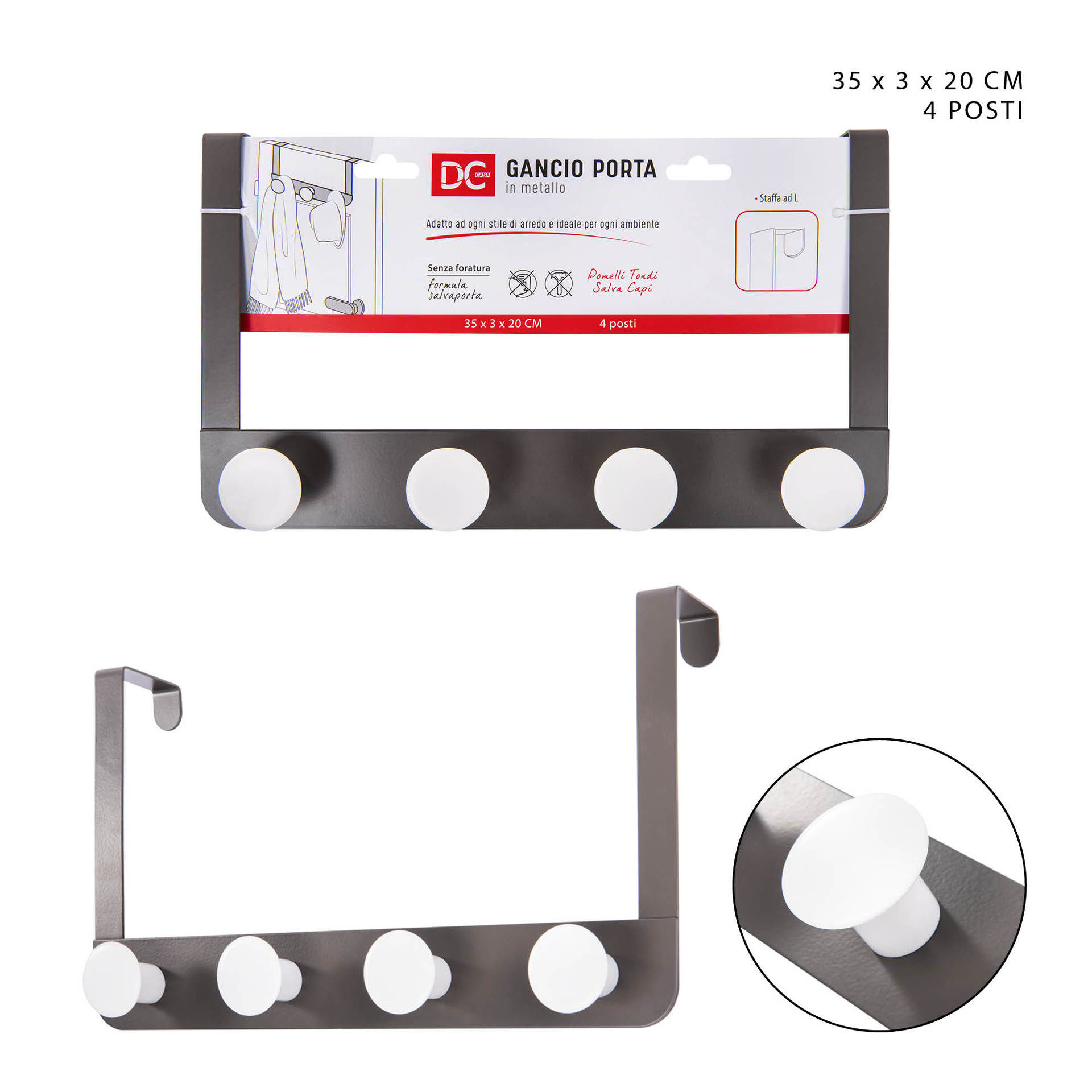 DC CASA GANCIO PORTA MET. 4POSTI 35X3X20CM GRIGIODc