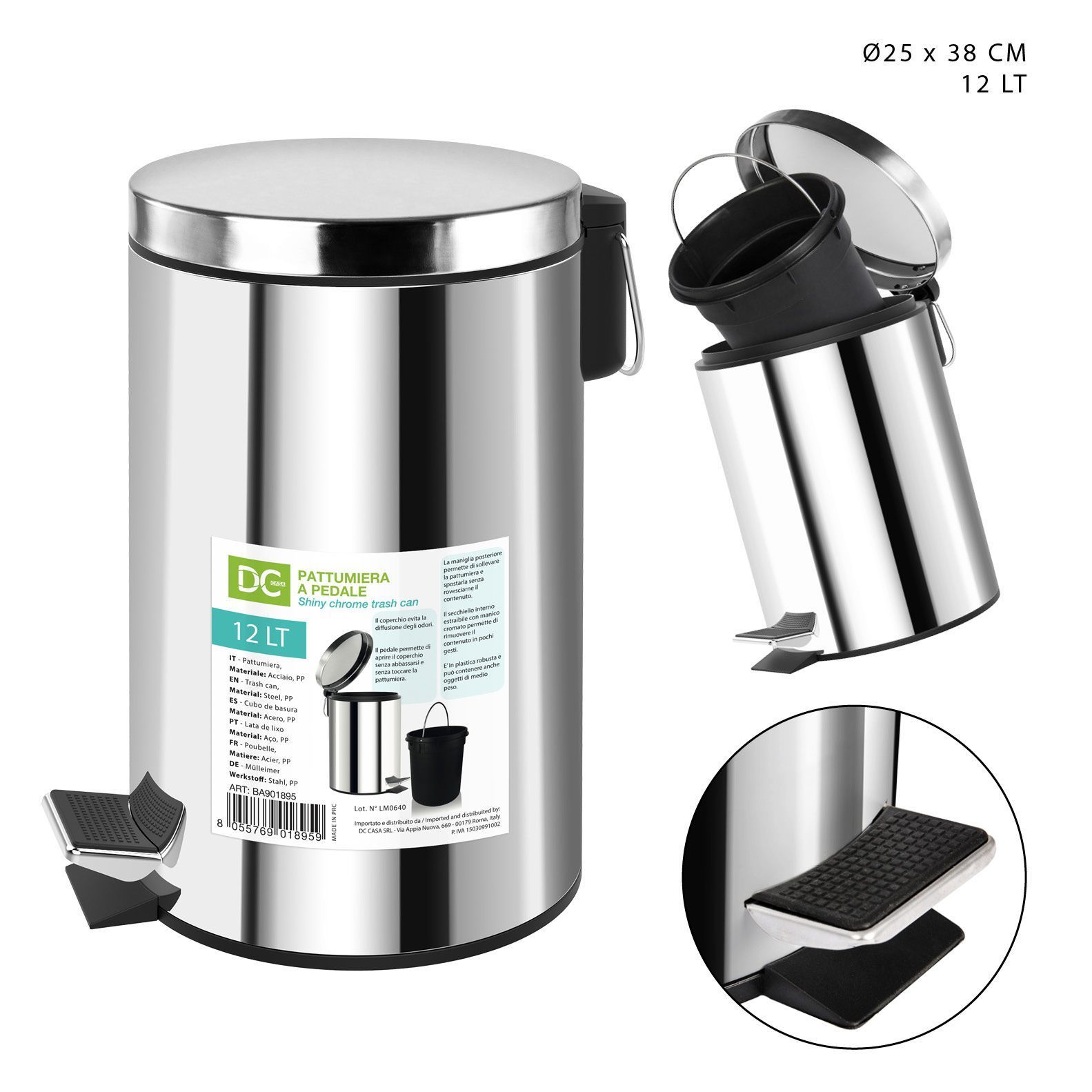 DC CASA PATTUMIERA PEDALE CROMATA 12L 25X38CMDc