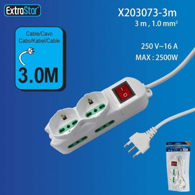 MULTIPRESA 4POS.10/16A BIPASSO+2 SCHUKO-3MExtrastar