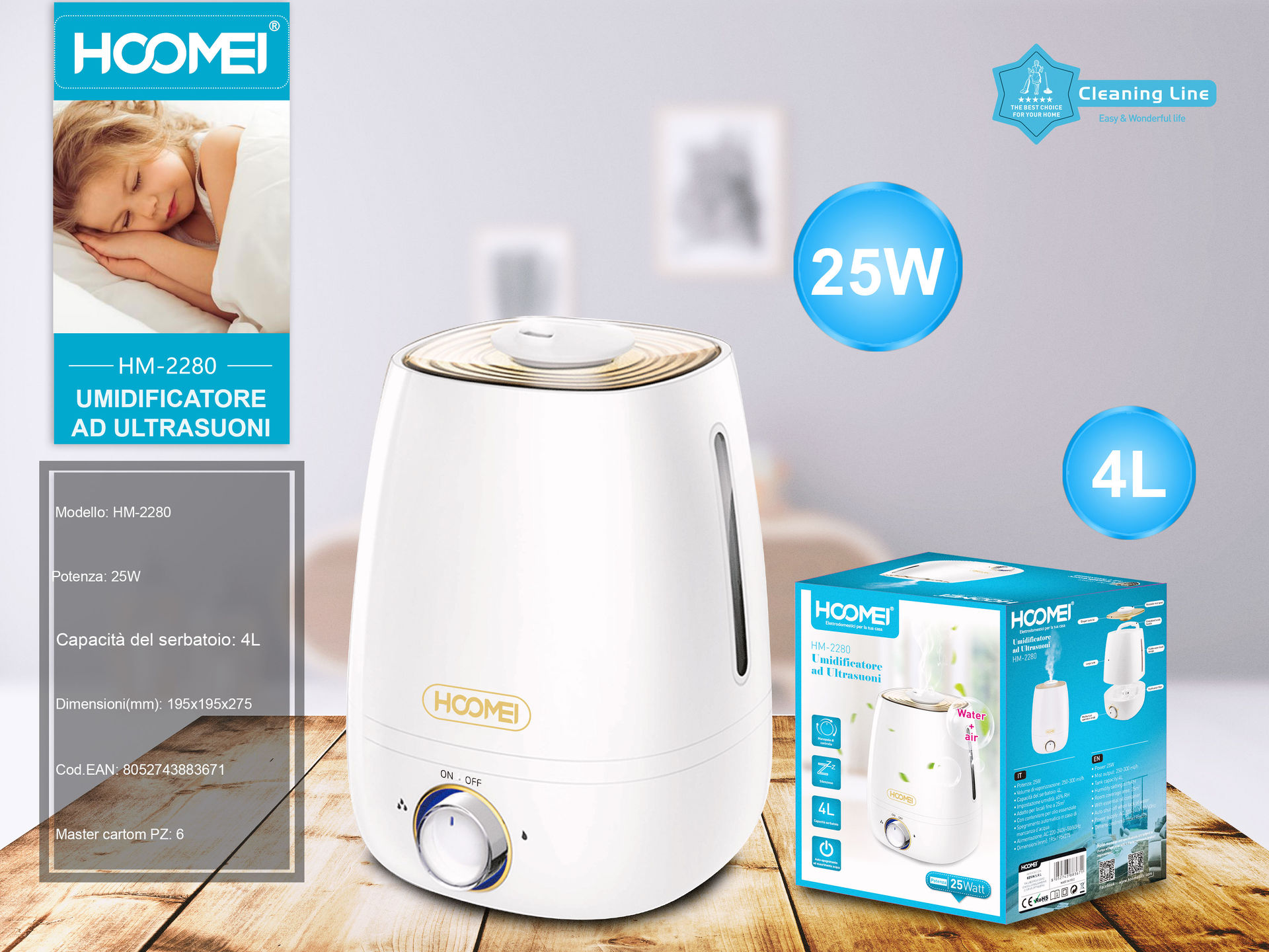 UMIDIFICATORE AD ULTRASUONI 25W HM-2280(3671)Hoomei