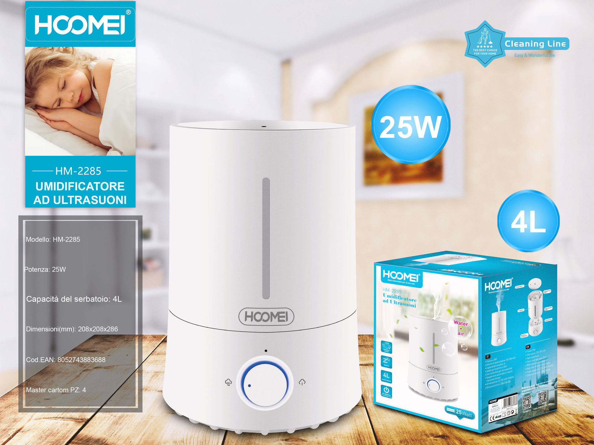 UMIDIFICATORE AD ULTRASUONI 25W HM-2285(3688)Hoomei