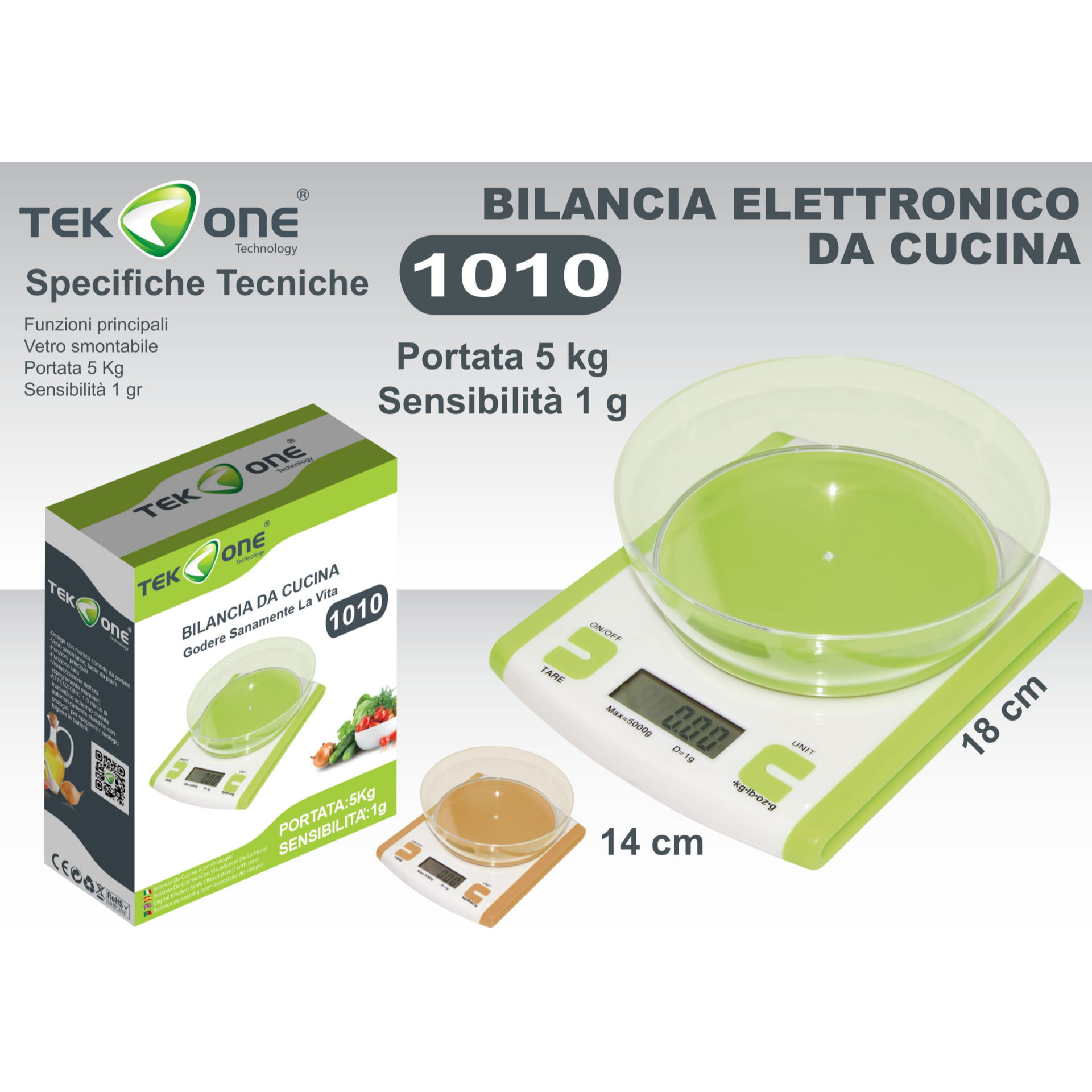 BILANCIA DA CUCINA CON RECIPIENTE  DA 1G A 5KGTekone