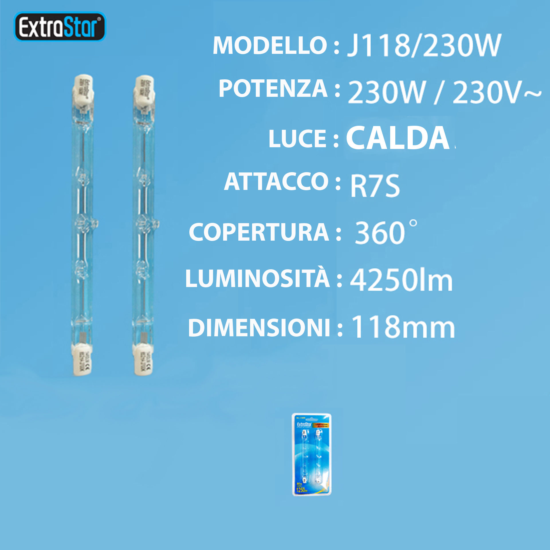 LAMPADINA A RISPARMIO ENERGETICO 230W R7S 118MM 27Extrastar