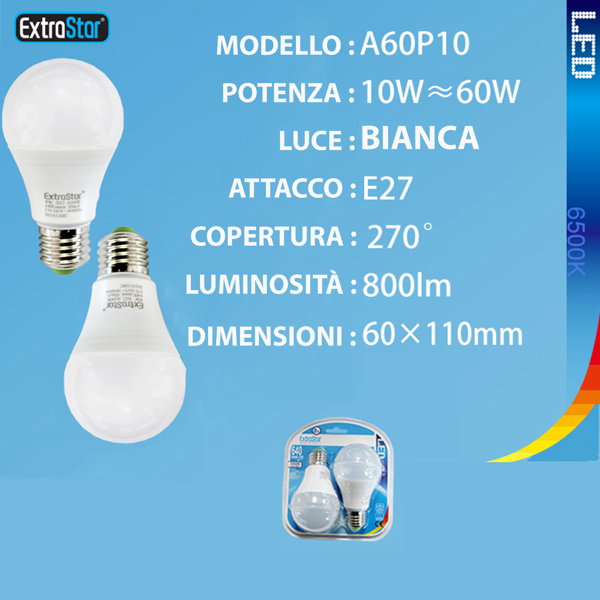 LAMPADINA LED E27 10W 800LM 6500K  2PZExtrastar