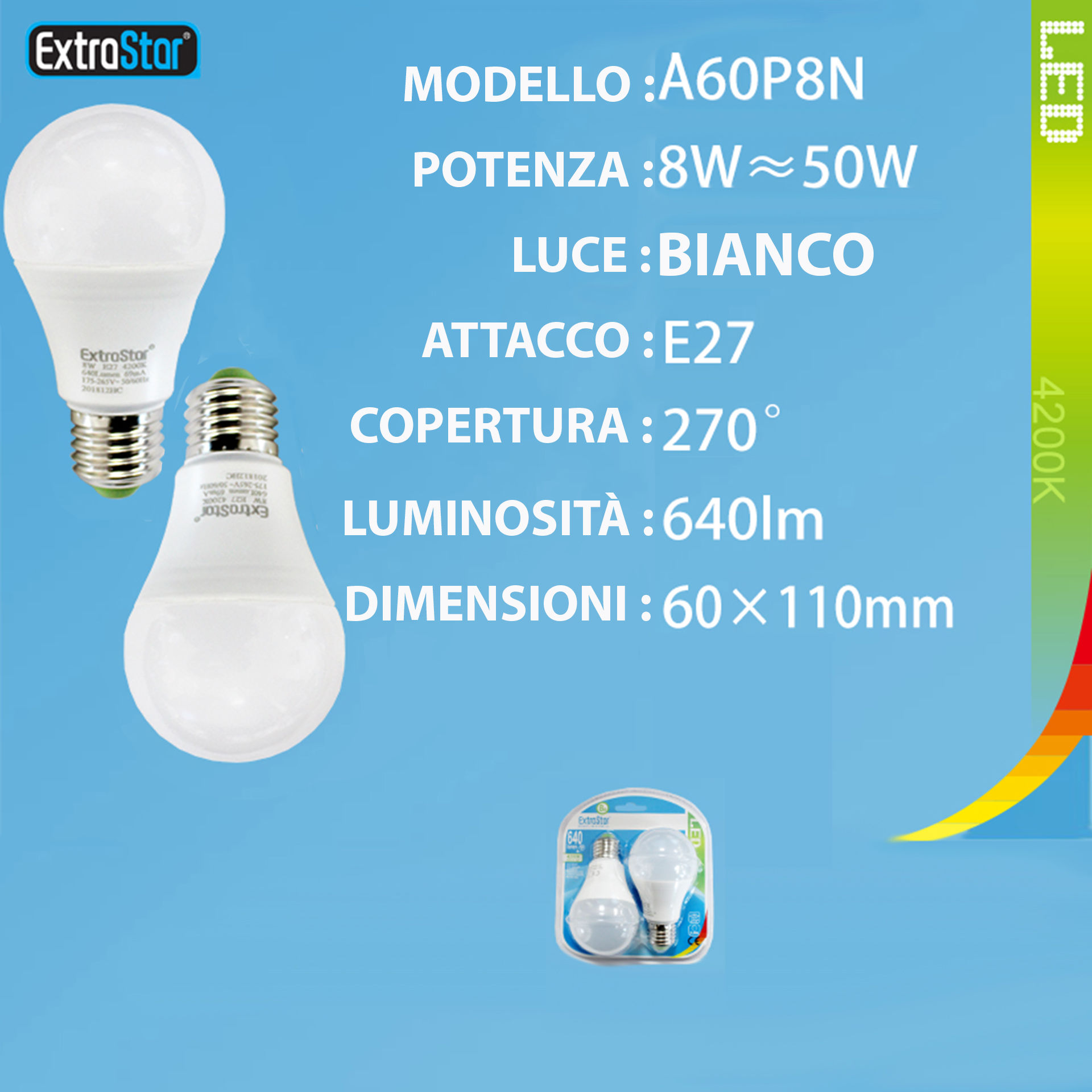 LAMPADINA LED E27 8W 640LM 4200K  2PZExtrastar