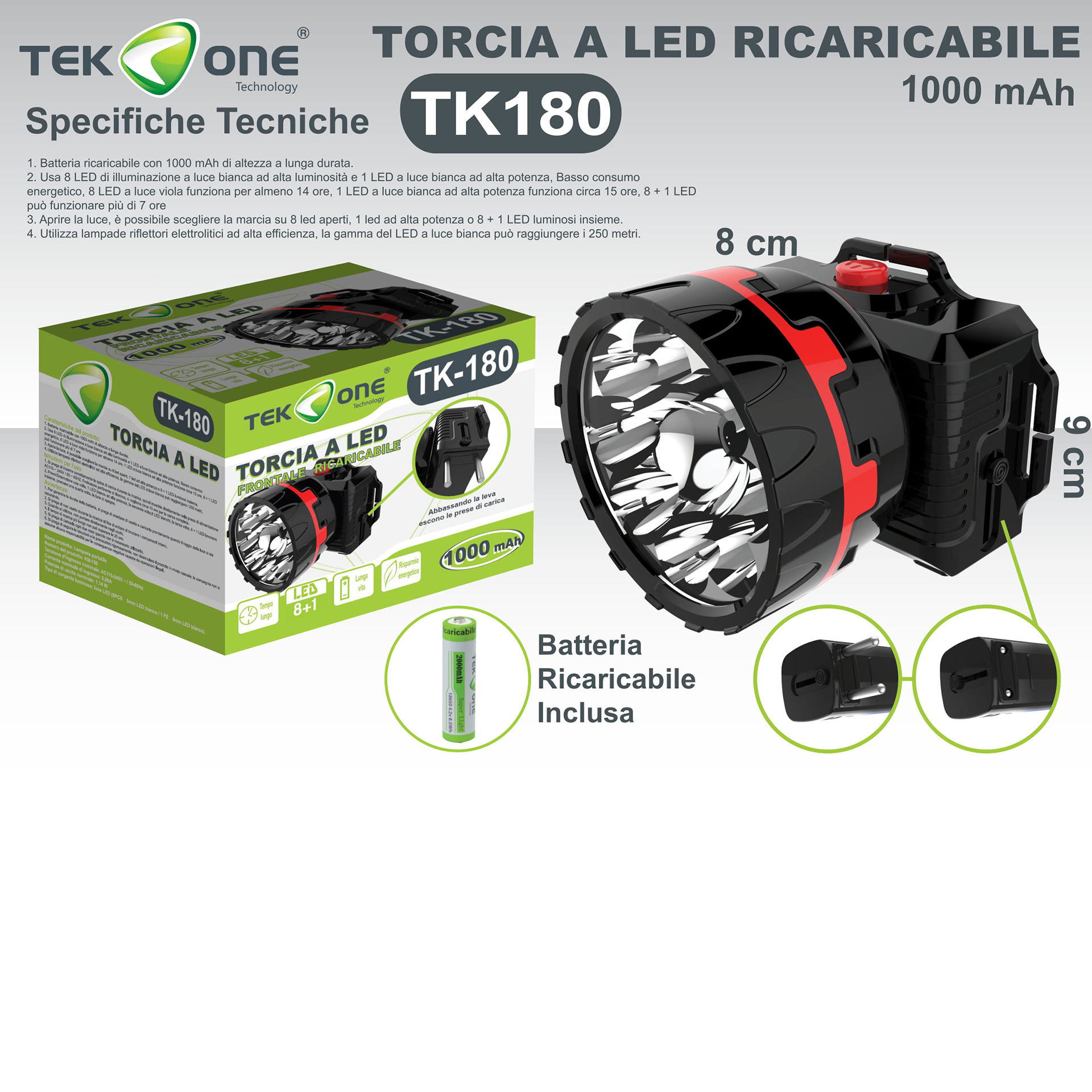 TORCIA A LED FRONTALE RICARICABILE 1000 MAHTekone