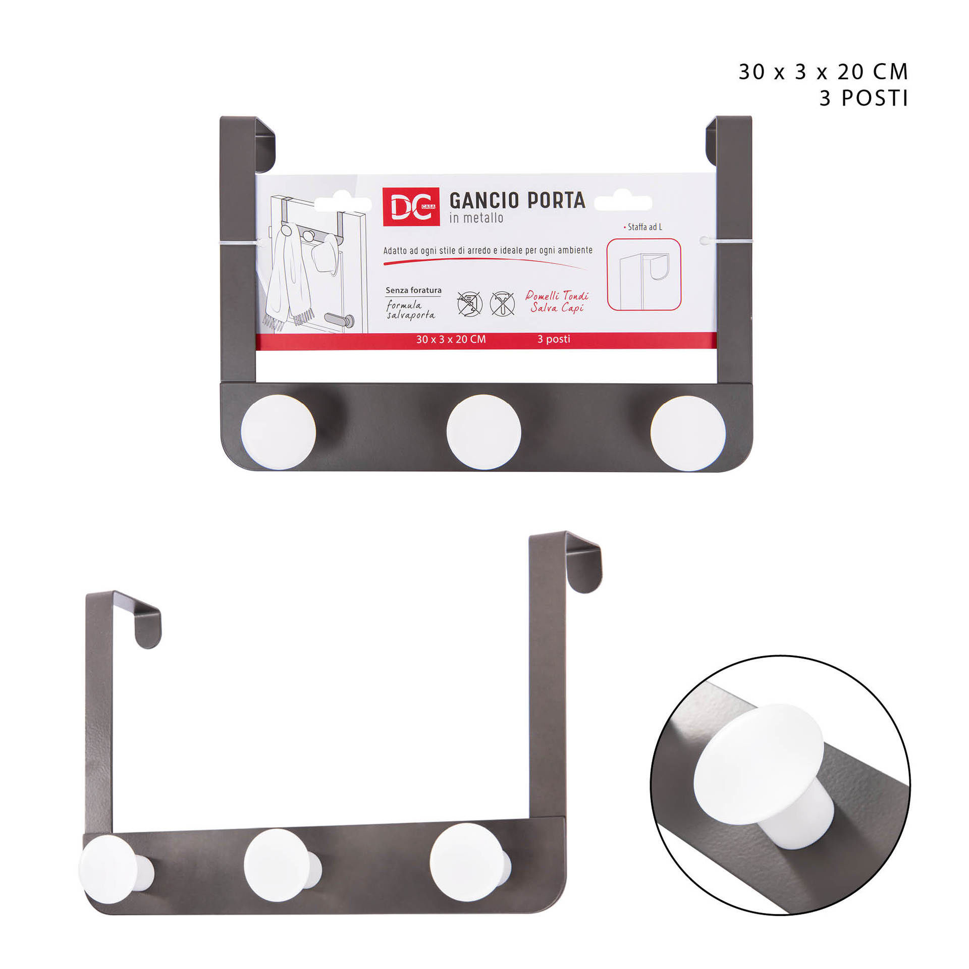 DC CASA GANCIO PORTA MET. 3POSTI 30X3X20CM GRIGIODc