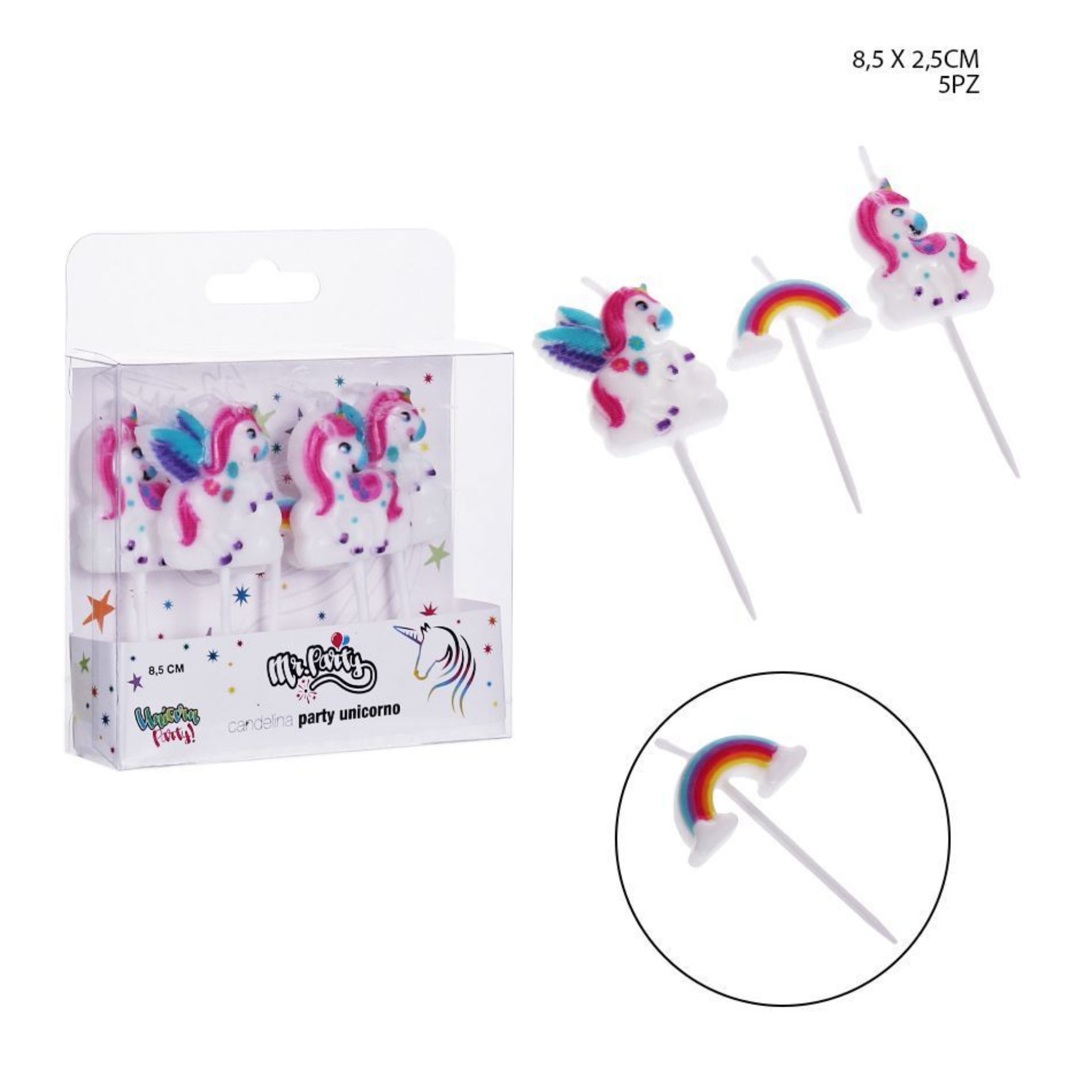 MR.PARTY CANDELINA UNICORNO 8.5X2.5CM 5PZDc