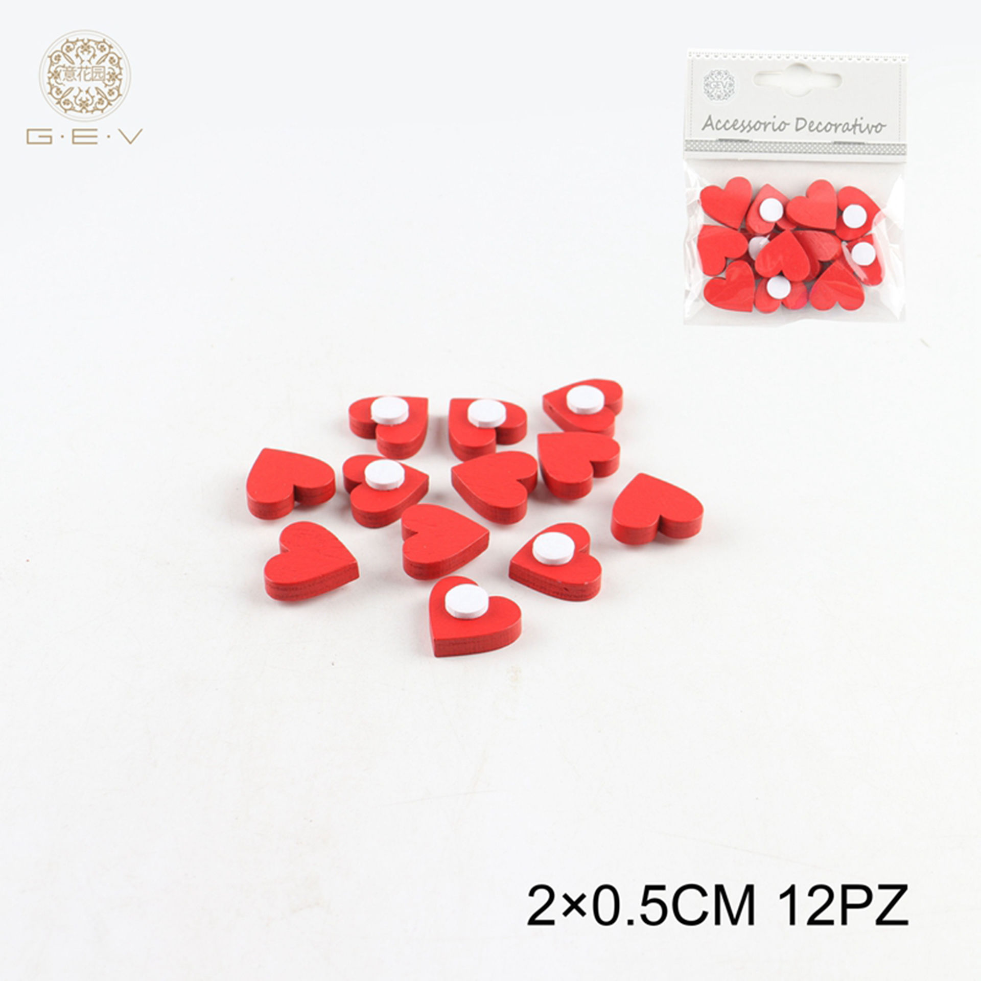 DEC.ADESIVO IN LEGNO CUORE 2CM 12PZ ROSSOGev