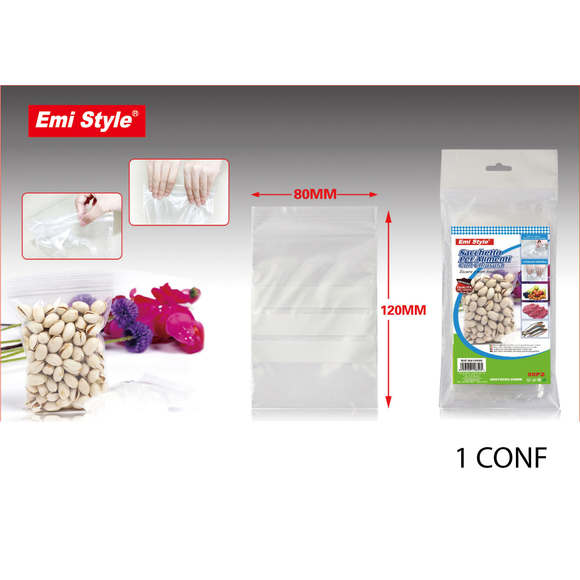 SACCHETTO PER ALIMENTI CON CHIUSURA 50PZ 80*120*0.Emi Style
