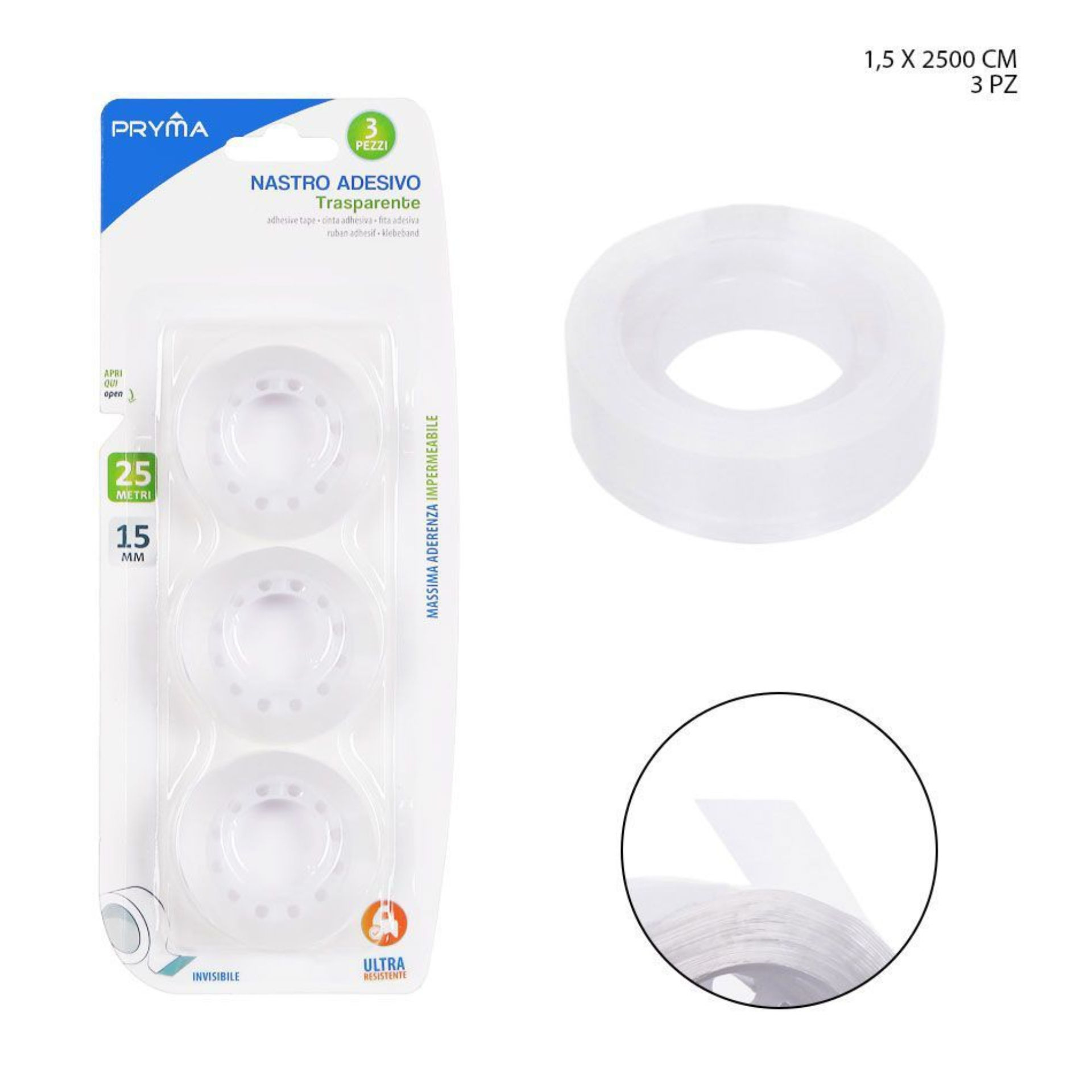 PRYMA NASTRO ADESIVO TRASPARENTE 1,5CMX25M 3PZ BL.