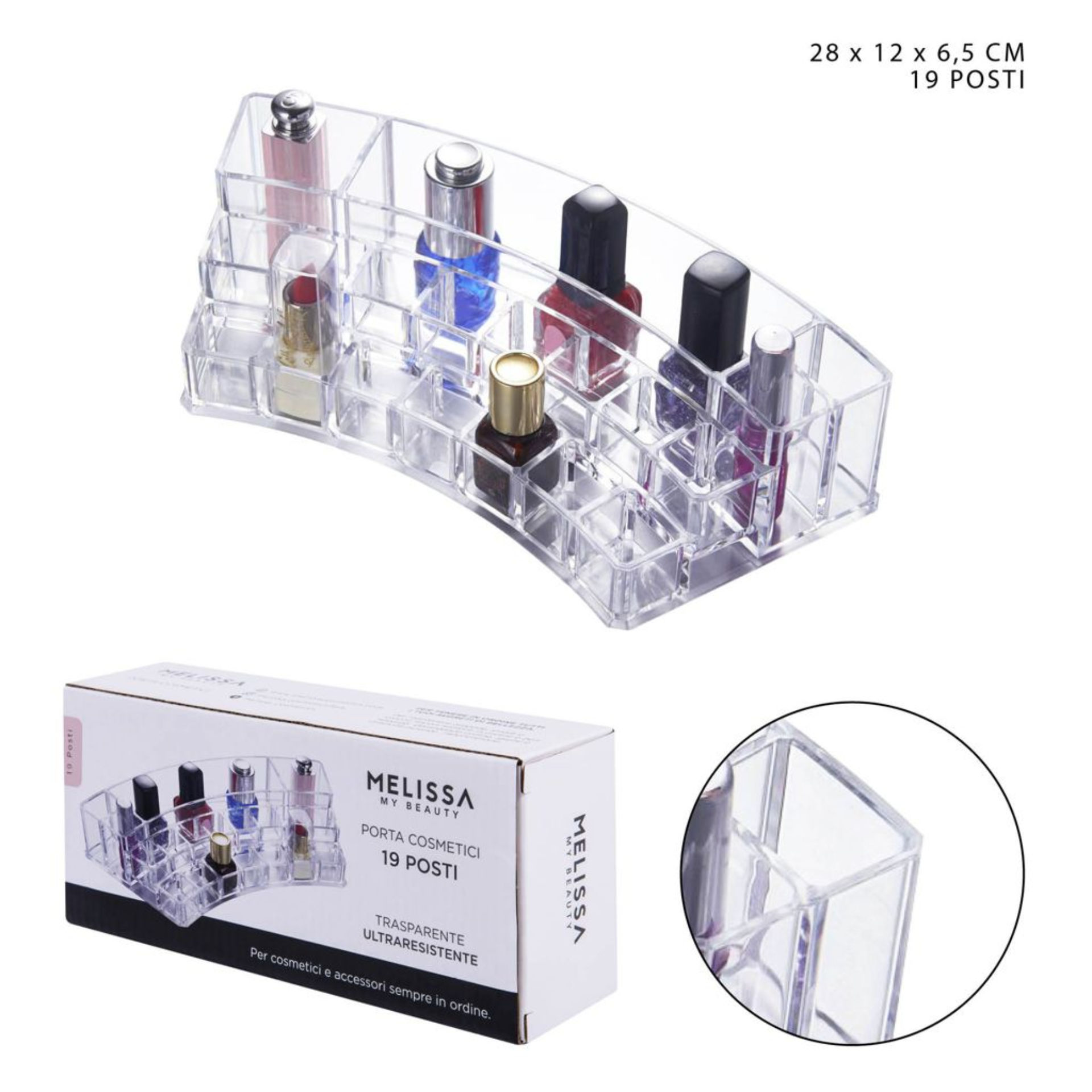 PORTA COSMETICI CRILEX 19 POSTI 28X12X6,5CM CURVO