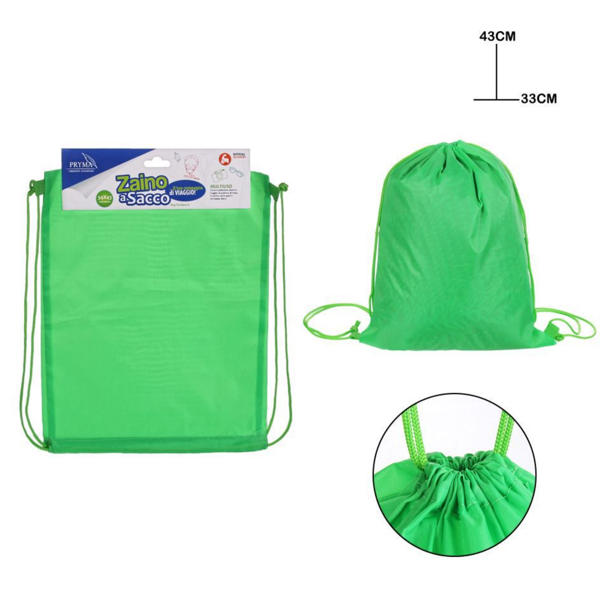 PRYMA ZAINO A SACCO 34X43CM VERDE BL.Pryma