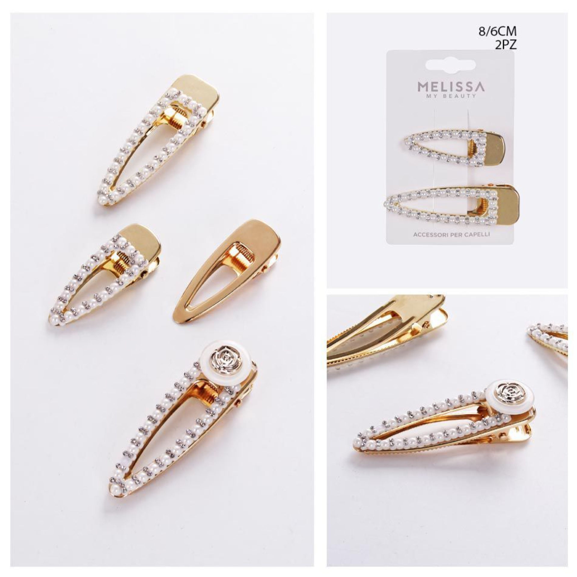 CLIP CAPELLI C/STRASS E PERLINE 6-8CM 2PZ