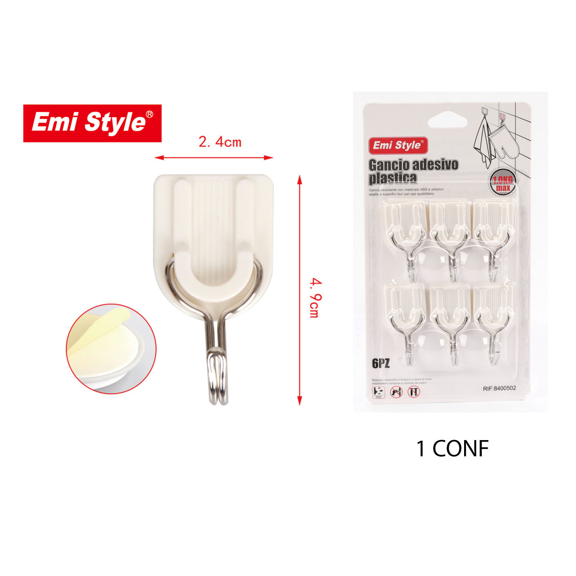 EMI STYLE GANCI APPENDITUTTO ADESIVI 1KG 2.4*4.9CM 6PZEmi Style