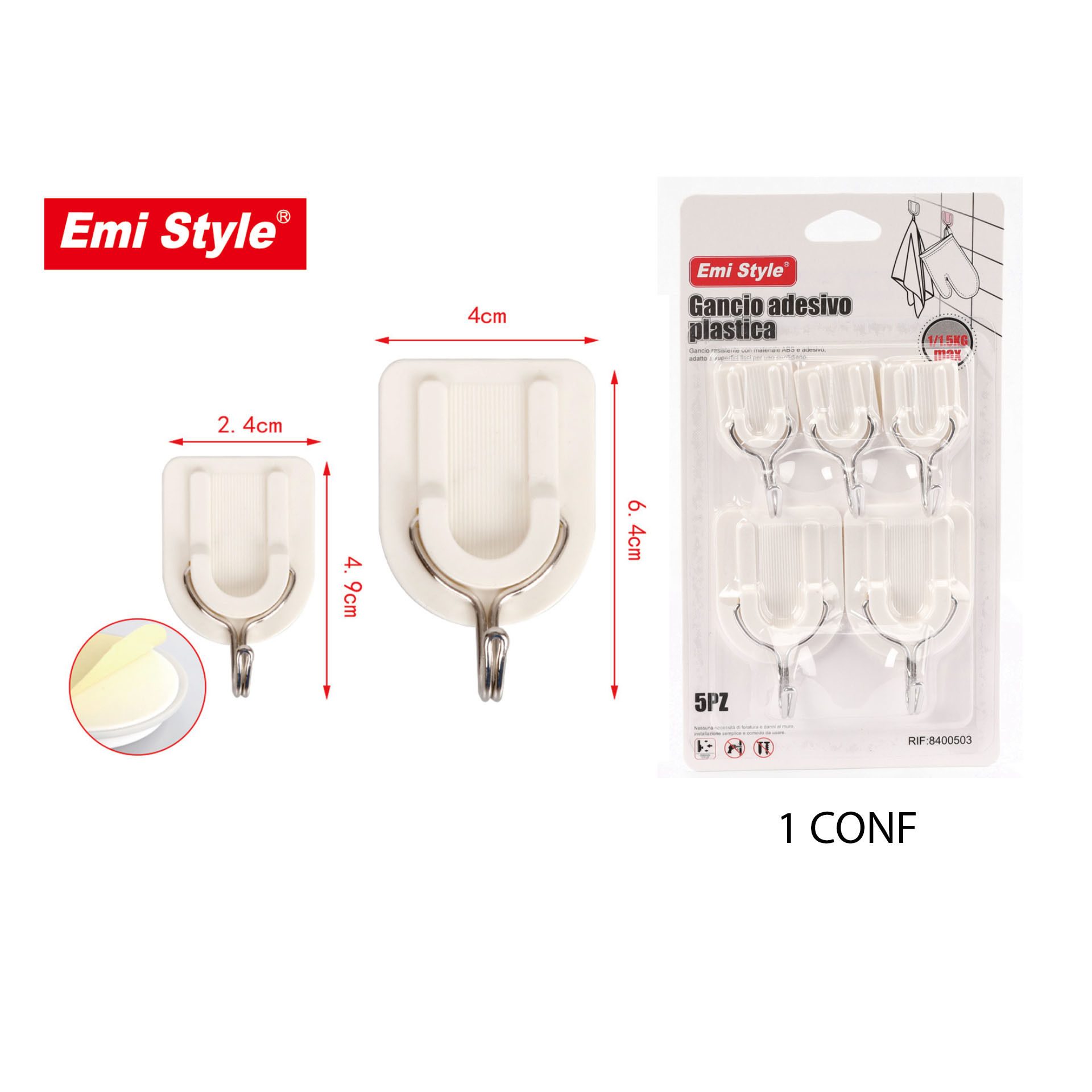 EMI STYLE GANCI APPENDITUTTO ADESIVI 1/1.5KG 2.4*4.9CM  4*6.4cm 5PZEmi Style