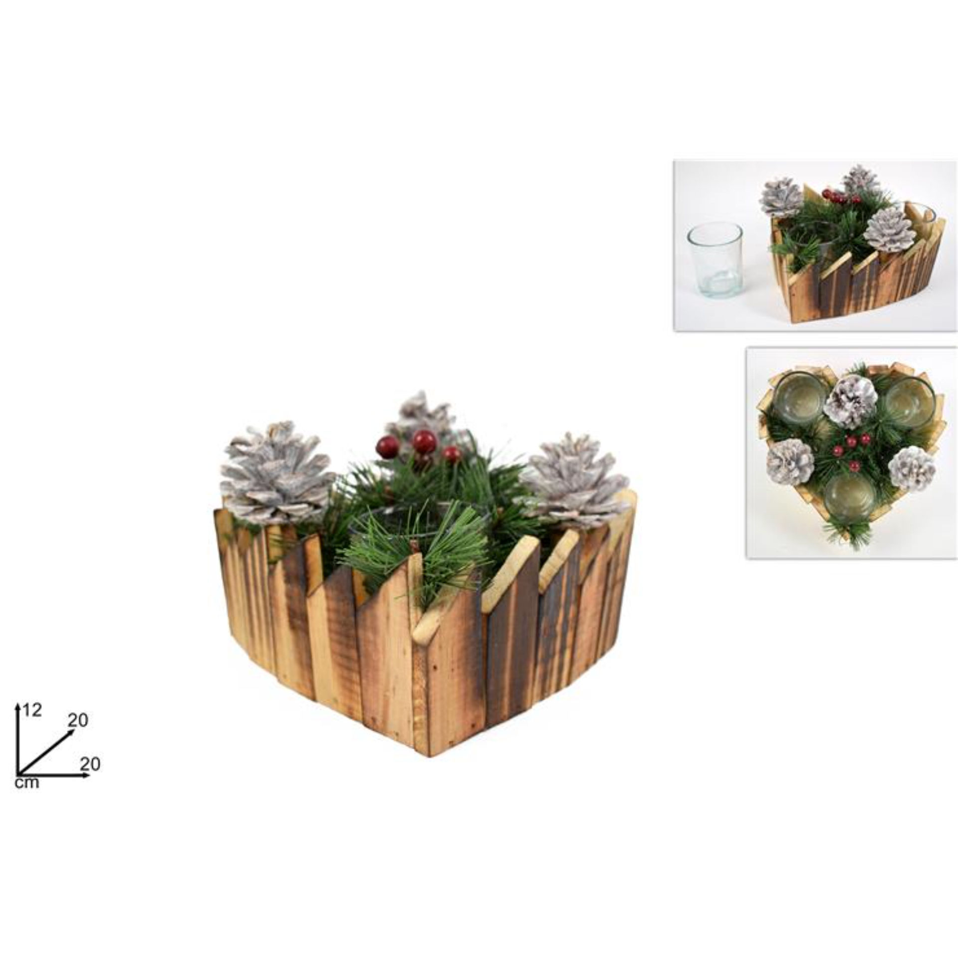 PORTACANDELE CUORE IN LEGNO C/PIGNE E BACCHE ART.J