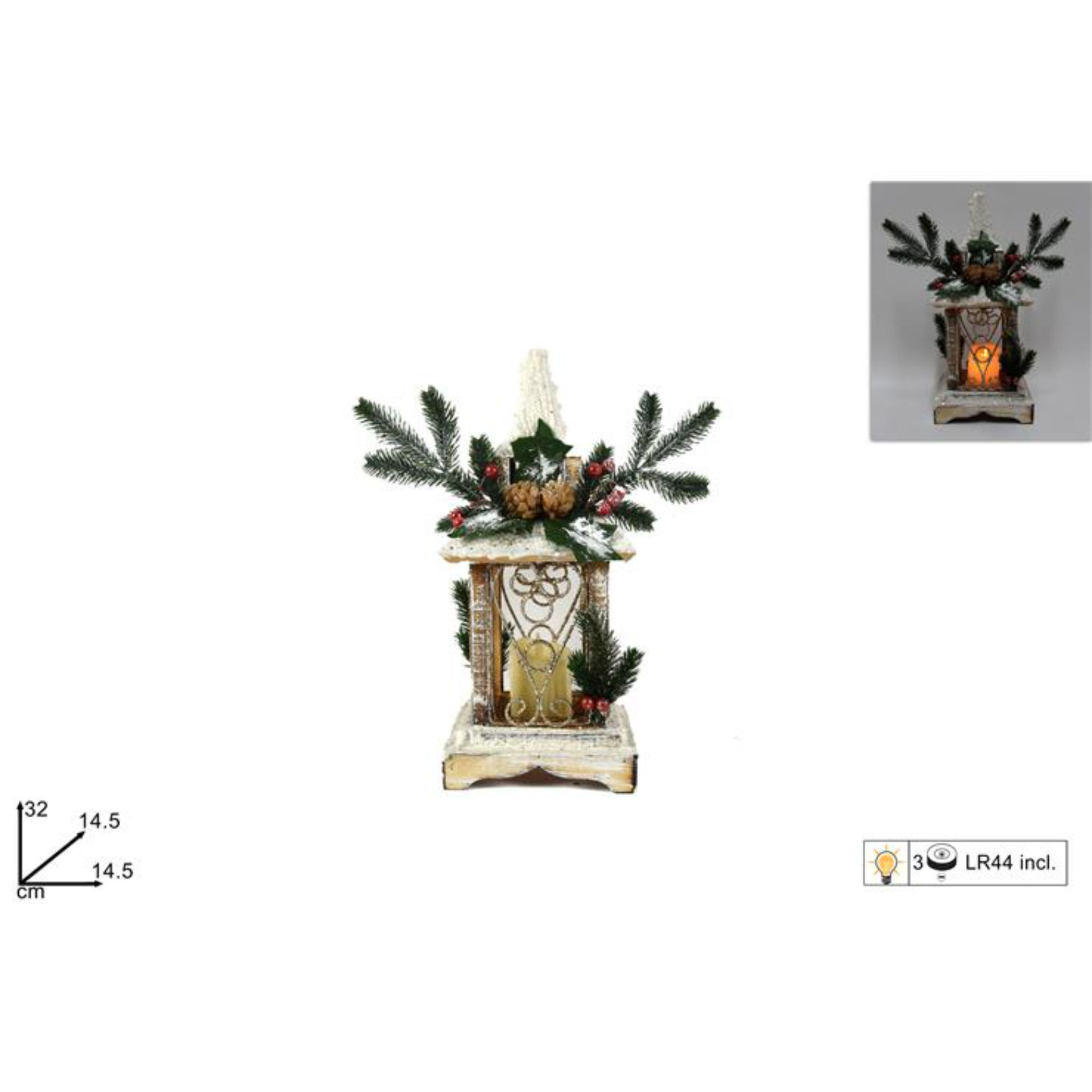 LANTERNA LEGNO GHIAC C/PAILLETTES C/LUCI BATTCM32