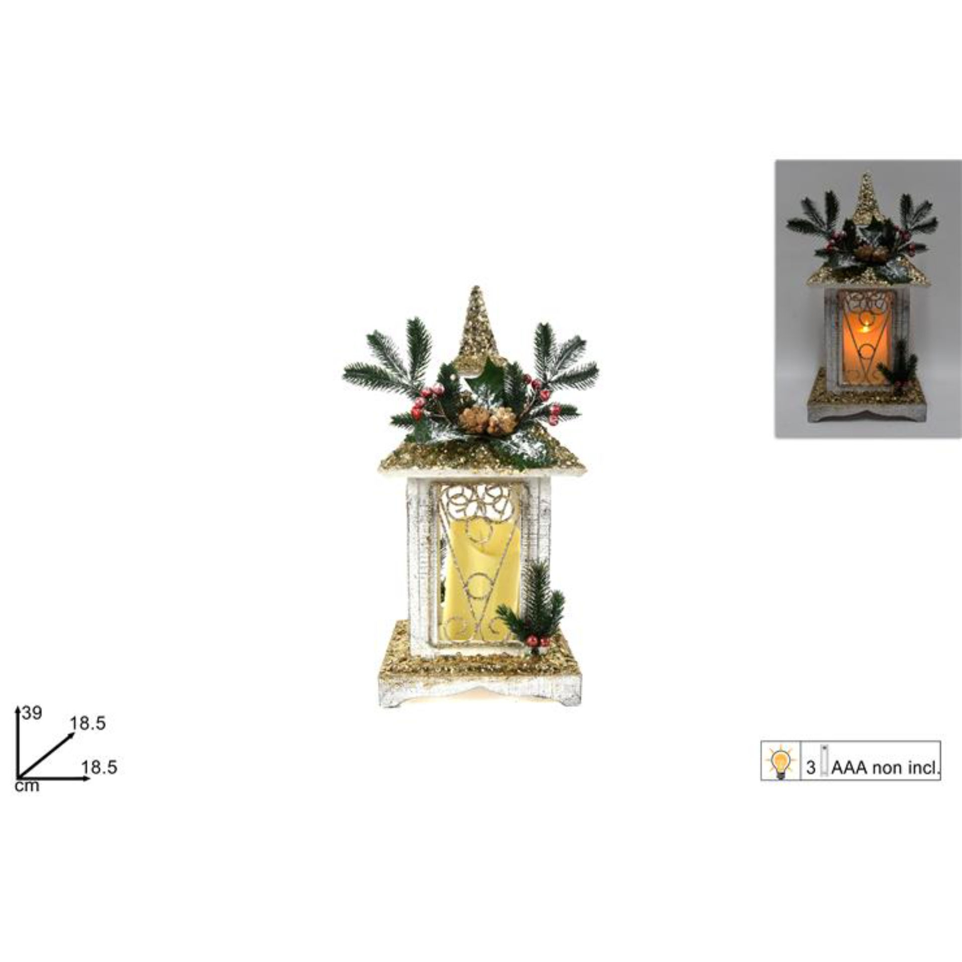 LANTERNA LEGNO ORO C/PAILLETTES C/LUCI BATTCM39 72