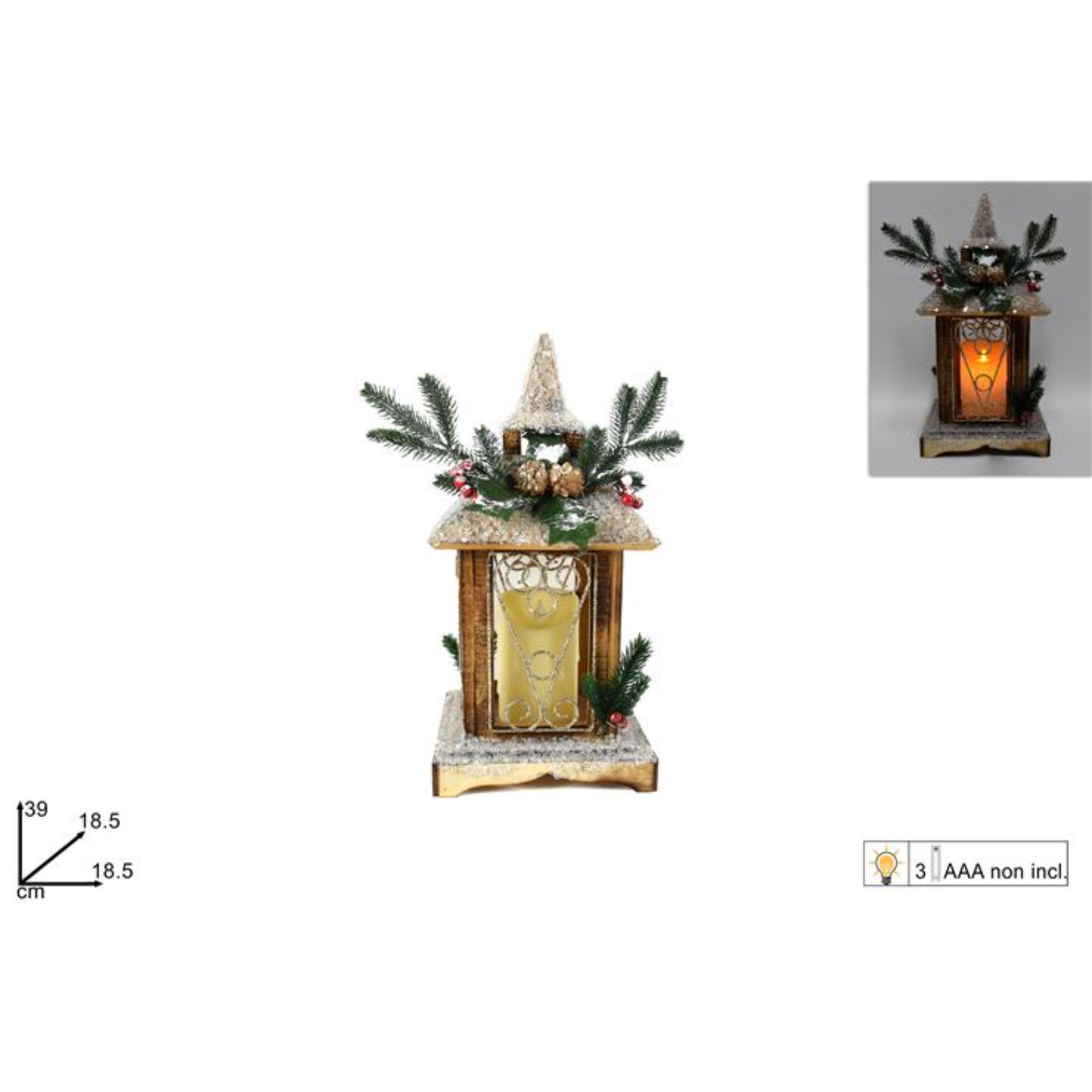 LANTERNA LEGNO NATUR C/PAILLETTES C/LUCI BATTCM39