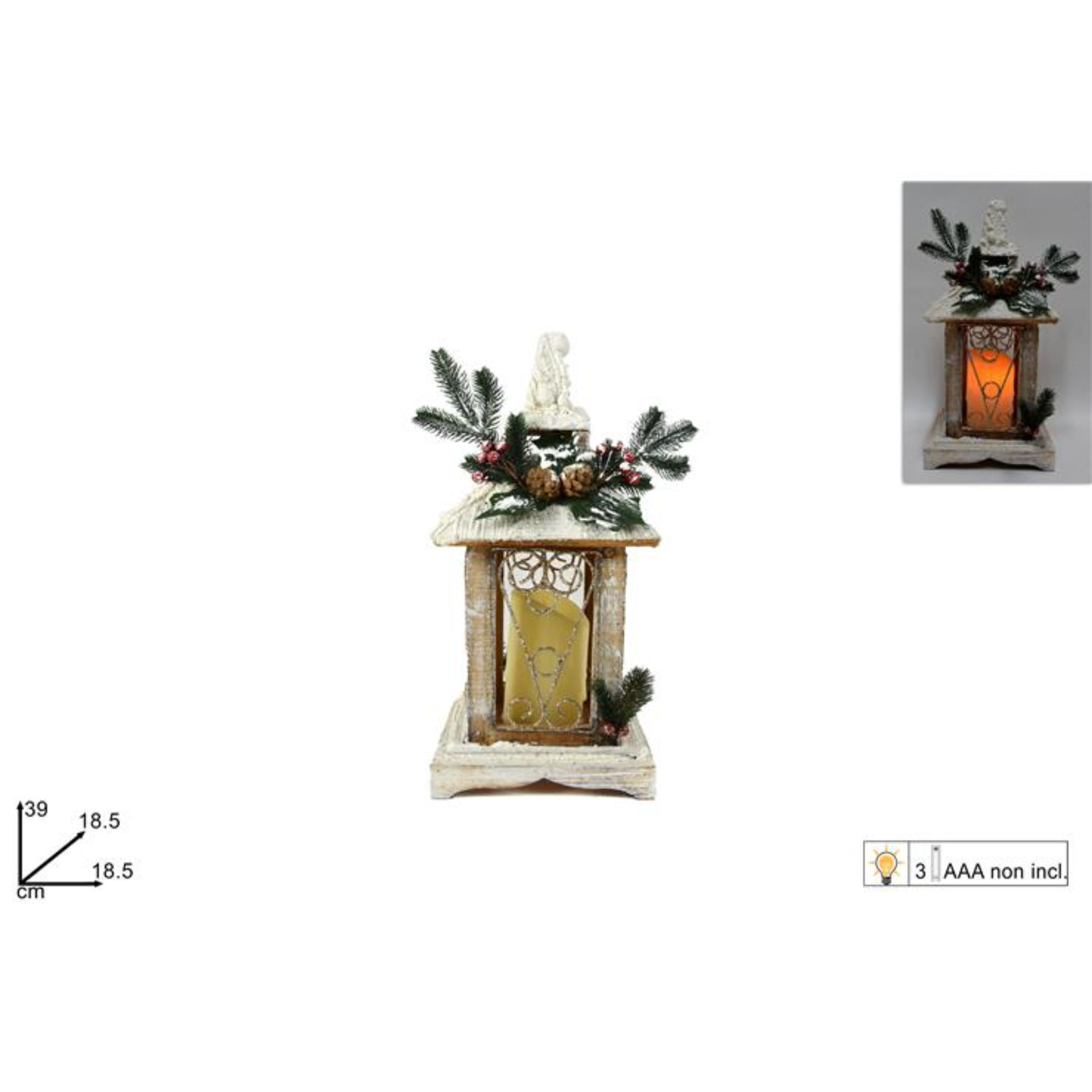LANTERNA LEGNO GHIAC C/PAILLETTES C/LUCI BATTCM39