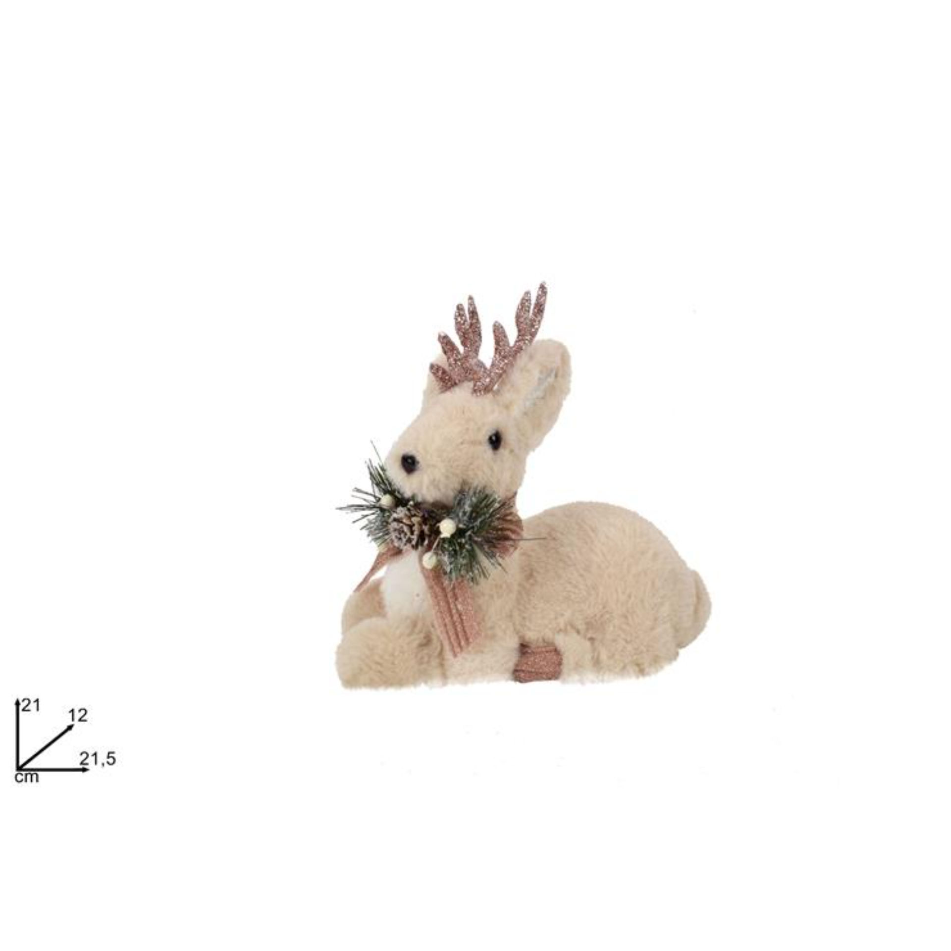 RENNA SEDUTA C/PELLICCIA PIGNE BACCHE ROSA 21 CM D