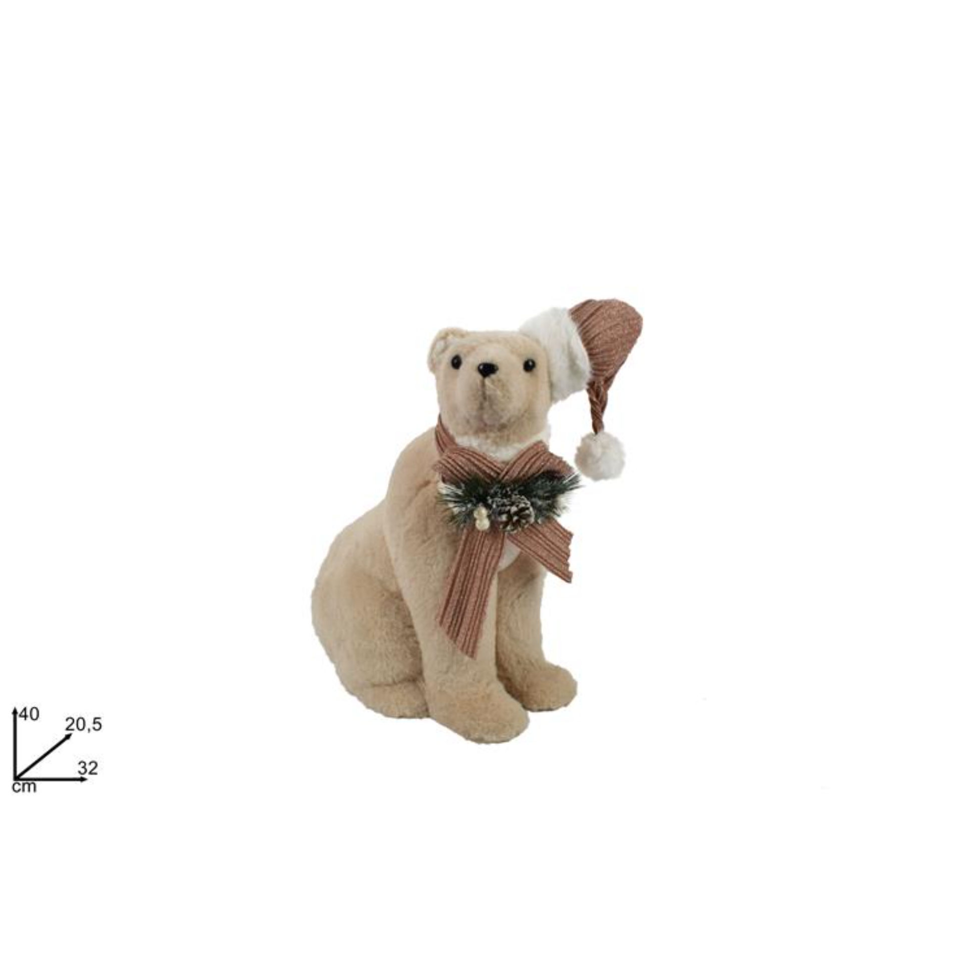 ORSO C/CAPPELLO C/PELLICCIA PIGNE BACCHE ROSA 40CM