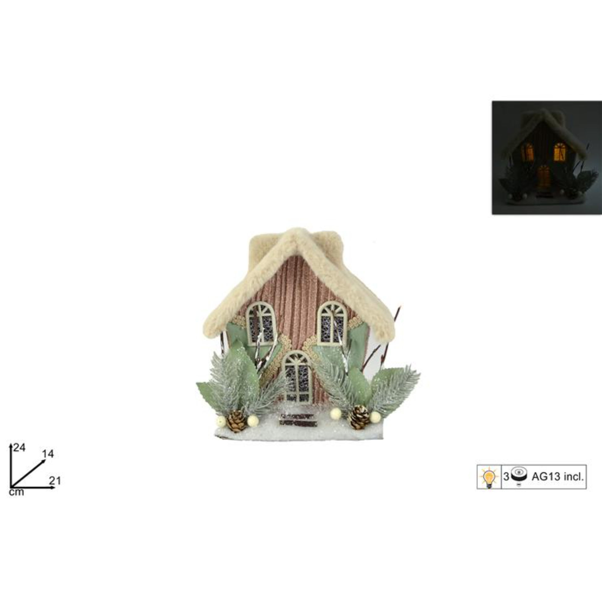 CASETTA C/PELLICCIA PIGNE BACCHE ROSA C/LUCI BATT